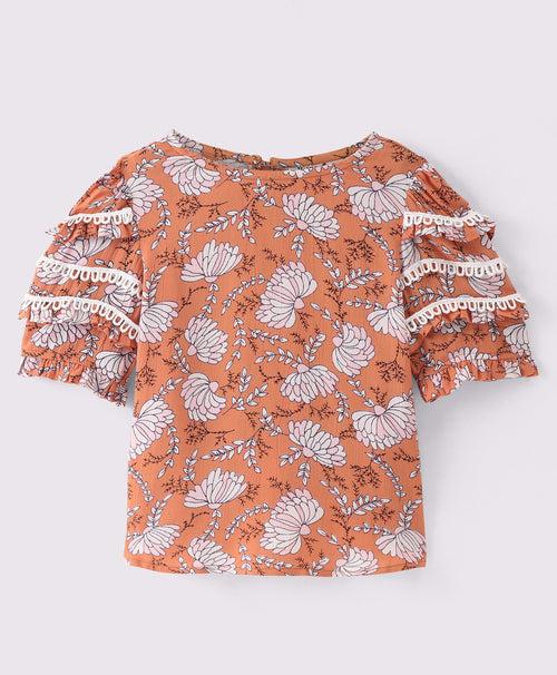 BURNT ORANGE FLORAL PRINT TOP WITH LACE TRIMS AT SLEEVES