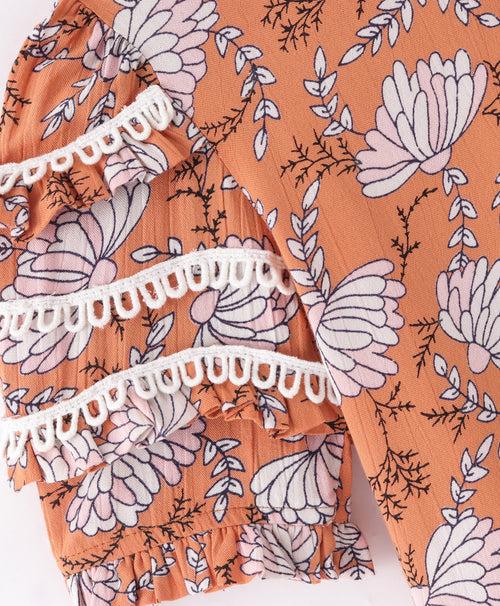 BURNT ORANGE FLORAL PRINT TOP WITH LACE TRIMS AT SLEEVES