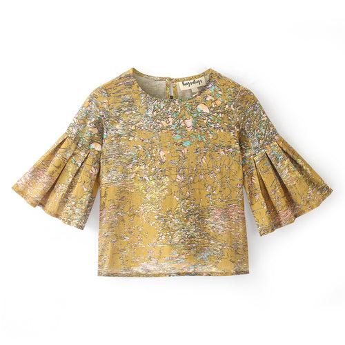 MUSTARD CHERRY BLOSSOM PRINT TOP WITH BELL SLEEVES