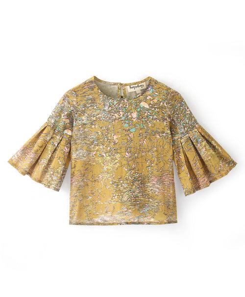 MUSTARD CHERRY BLOSSOM PRINT TOP WITH BELL SLEEVES
