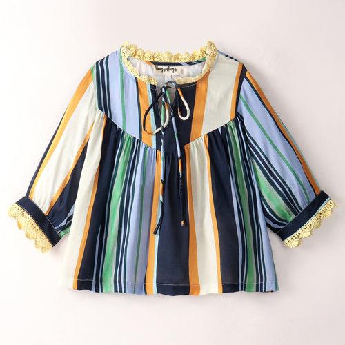 MULTI STRIPE TOP WITH CONTRAST LACE AT NECK AND SLEEVE ENDS - BLUE