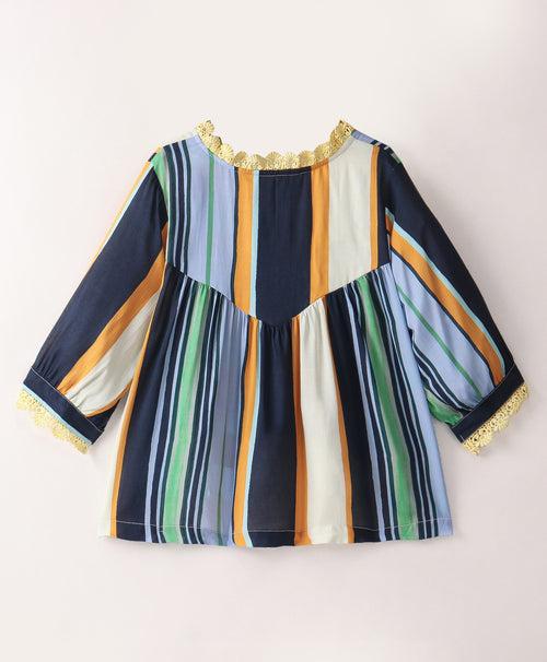MULTI STRIPE TOP WITH CONTRAST LACE AT NECK AND SLEEVE ENDS - BLUE
