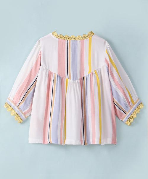 MULTI STRIPE PRINT WITH CONTRAST LACE AT NECK AND SLEEVES- WHT/PINK