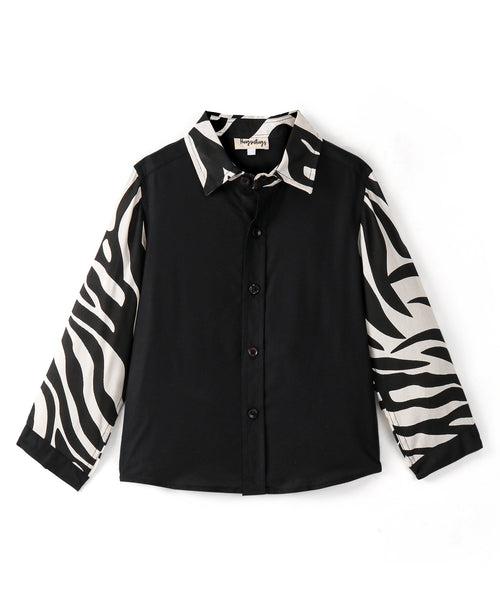 FULL SLEEVE SOLID BUTTON DOWN BLACK SHIRT WITH ZEBRA PRINT SLEEVES