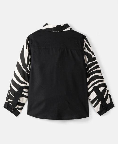 FULL SLEEVE SOLID BUTTON DOWN BLACK SHIRT WITH ZEBRA PRINT SLEEVES