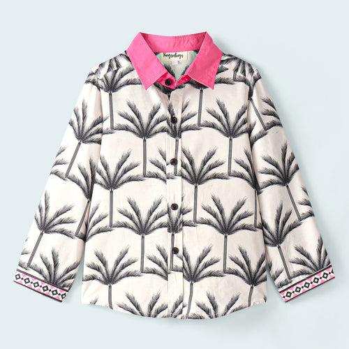 PALM TREE PRINT BUTTON DOWN SHIRT WITH PINK COLLARS