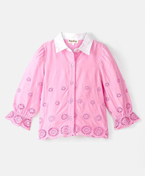 PINK BUTTON DOWN SCHIFFLI EMBROIDERY SHIRT WITH WHITE COLLARS