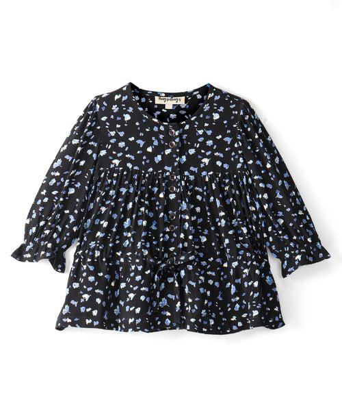 NAVY DITSY FLORAL PRINT TOP WITH TIE UP AT WAIST
