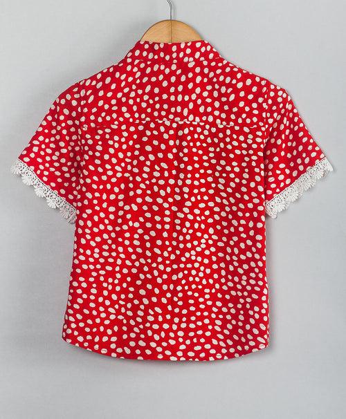 RED AND WHITE DOT PRINT TOP WITH LACES APPLIQUE