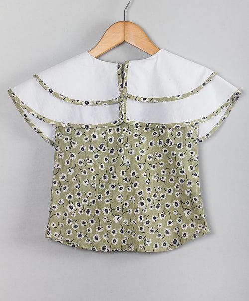 OLIVE GREEN FLORAL PRINT TOP WITH SOLID WHITE DOUBLE SHOULDER FLAPS