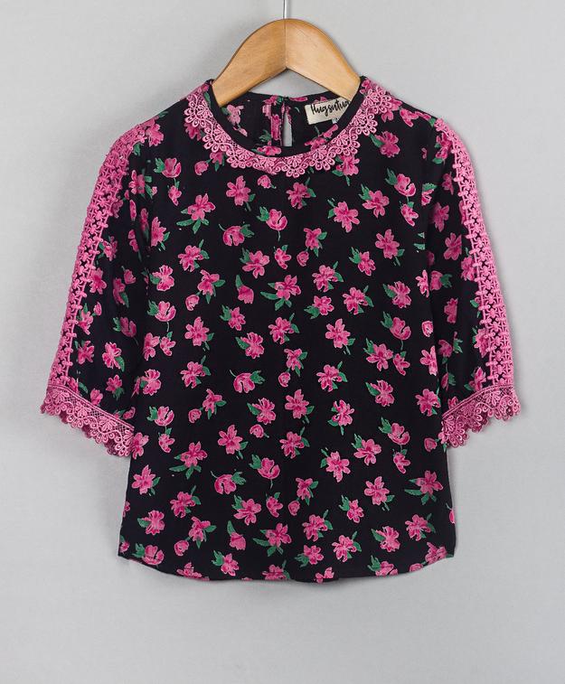 BLACK AND PINK FLORAL PRINT TOP WITH MATCHING LACE TOP APPLIED ON SLEEVES