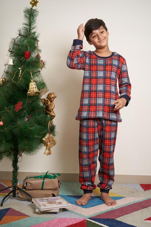 Navy and Red plaid print tracksuit