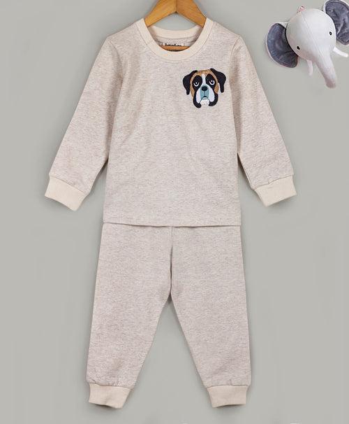 Beige tracksuit with dog face embroidery on chest