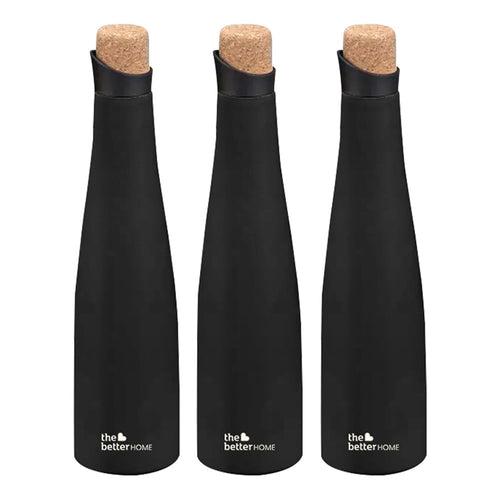 The Better Home Insulated Stainless Steel Water Bottle with Cork Cap | 18 Hours Insulation | Pack of 3-750ml Each | Hot Cold Water for Office School Gym | Leak Proof & BPA Free | Black Colour