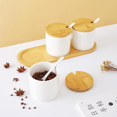 The Better Home Terra Series Ceramic Airtight Jar Container Set For Kitchen | Pantry Organizers & Storage | Dabba Set For Kitchen | Wooden Tray | Gift For Housewarming (White) (3Pcs - 250ml each)