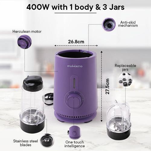 The Better Home FUMATO Mixer Grinder Blender- 400W | Mixie for Kitchen with 3 Jars, Stainless Steel Blades, 3 Speed Control, Anti-Skid Feet | Nutri Blender Juicer with 1 Year Warranty (Purple)