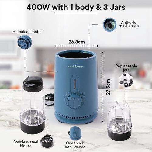 The Better Home FUMATO Mixer Grinder Blender- 400W | Mixie for Kitchen with (3 Jars + 2 Stainless Steel Blades + 2 lids), Anti-Skid Feet | Nutri Blender Juicer| 1 Year Warranty (Midnight Blue)