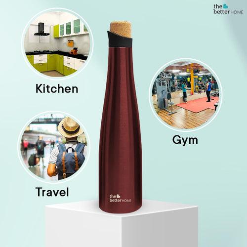 The Better Home Insulated Stainless Steel Water Bottle with Cork Cap | 18 Hours Insulation | Pack of 9-750ml Each | Hot Cold Water for Office School Gym | Leak Proof & BPA Free | Wine Colour