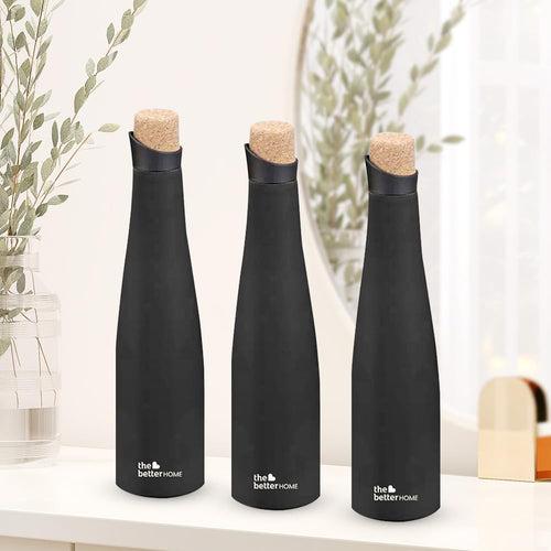 The Better Home Insulated Stainless Steel Water Bottle with Cork Cap | 18 Hours Insulation | Pack of 3-750ml Each | Hot Cold Water for Office School Gym | Leak Proof & BPA Free | Black Colour