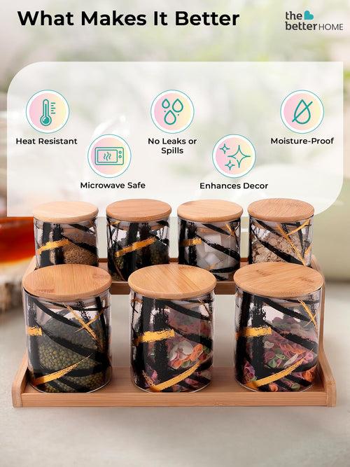 The Better Home Zenith Series Borosilicate Glass Jars for Kitchen Storage with Lid and Tray|Kitchen Glass Container Air Tight Storage Set|Food Spices Storage set|350 Ml Pack of 4 and 800 Ml pack of 3