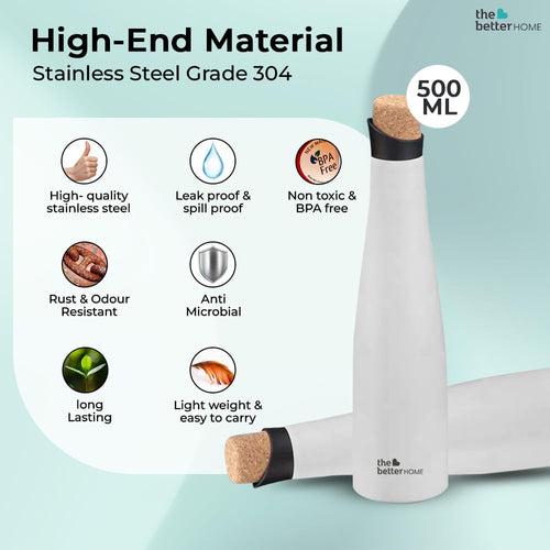 The Better Home Insulated Stainless Steel Water Bottle with Cork Cap | 18 Hours Insulation | Pack of 50-500ml Each | Hot Cold Water for Office School Gym | Leak Proof & BPA Free | White Colour