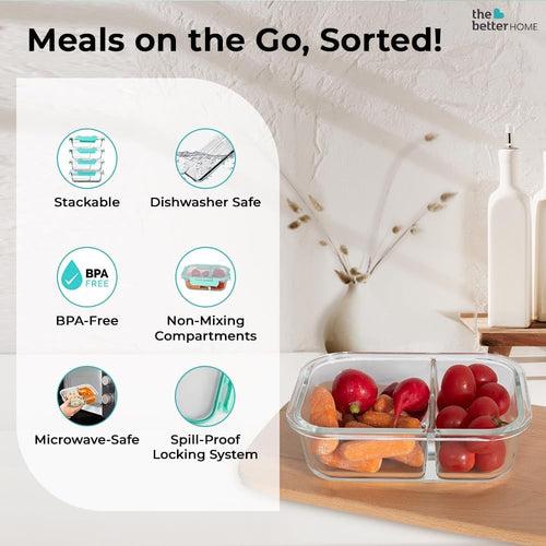 The Better Home Microwave Safe Office Two Compartment Lunch Box Set | Glass | Safety Lock Airtight Tiffin Containers (Transparent) (570ml) | Convenient and Safe Lunch Box Pack of 1