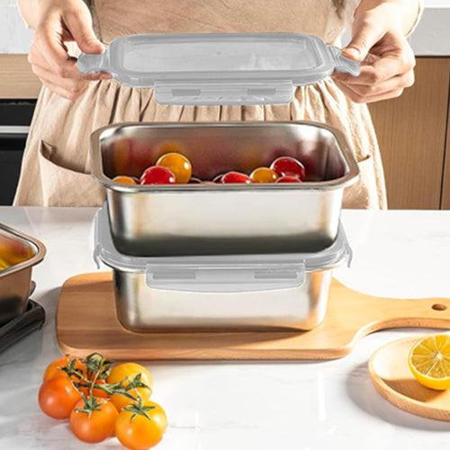 The Better Home 304 SS Microwave Safe Steel Container Bamboo Lid | Steel Microwave Safe Container with Lid | Stainless Steel Lunch Box for Kids Office Men Women (2Pcs - 800ml (Each))
