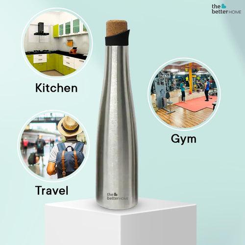 The Better Home Insulated Thermosteel Bottle with Cork Cap 500ml | 18h of Insulation | Hot and Cold Water Bottle for Kids School Office Gym | Anti Rust | Leak Proof | BPA Free | Silver Colour