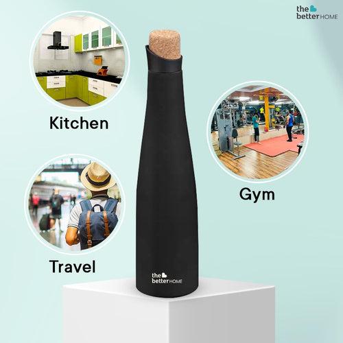 The Better Home Insulated Thermosteel Bottle with Cork Cap 750ml | 18h of Insulation | Hot and Cold Water Bottle for Kids School Office Gym | Anti Rust | Leak Proof | BPA Free | Black Colour