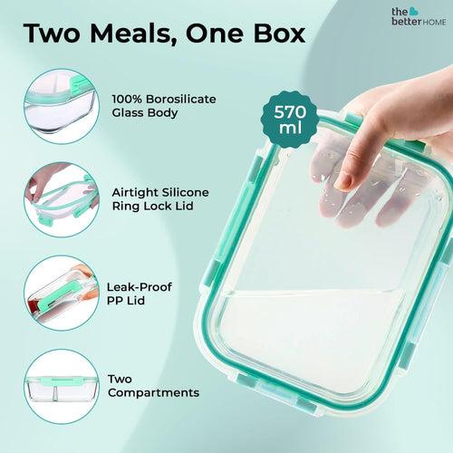 The Better Home Microwave Safe Office Two Compartment Lunch Box Set | Glass | Safety Lock Airtight Tiffin Containers (Transparent) (570ml) | Convenient and Safe Lunch Box Pack of 1