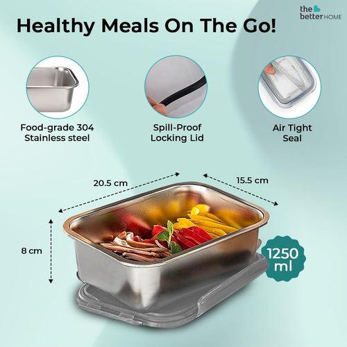 The Better Home 304 SS Microwave Safe Steel Container Set (2Pcs- 1.25L Each) Steel Microwave Safe Tray with Lid | Stainless Steel Lunch Box for Kids Office Men Women | Steel Tiffin Box for Girls