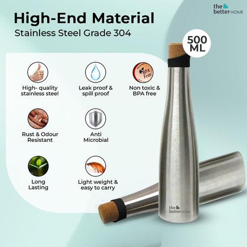 The Better Home Insulated Thermosteel Bottle with Cork Cap 500ml | 18h of Insulation | Hot and Cold Water Bottle for Kids School Office Gym | Anti Rust | Leak Proof | BPA Free | Silver Colour