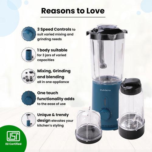 The Better Home FUMATO Mixer Grinder Blender- 400W | Mixie for Kitchen with 3 Jars, Stainless Steel Blades, 3 Speed Control, Anti-Skid Feet | Nutri Blender Juicer with 1 Year Warranty (Midnight Blue)