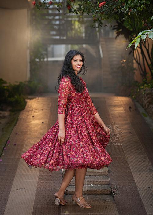 Wine Red Kalamkari Short Dress