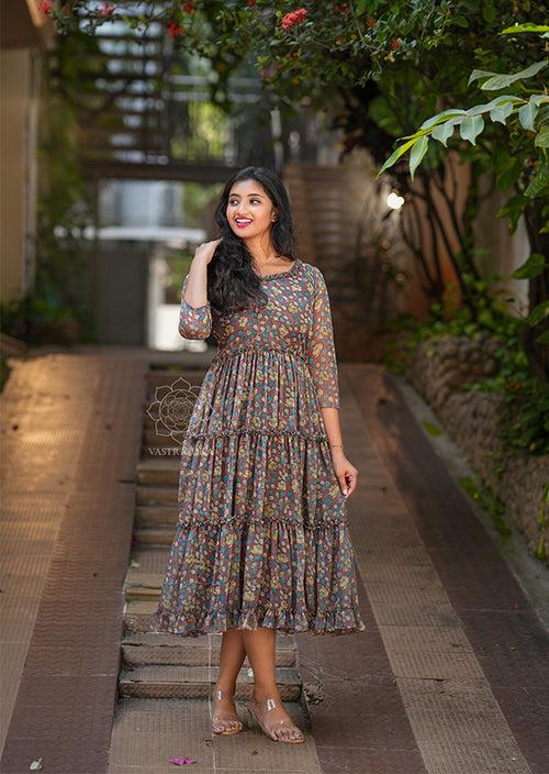 Coffee Brown Kalamkari Short Dress