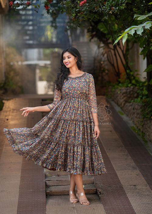 Coffee Brown Kalamkari Short Dress