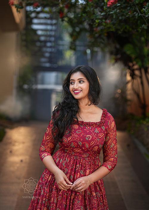 Wine Red Kalamkari Short Dress