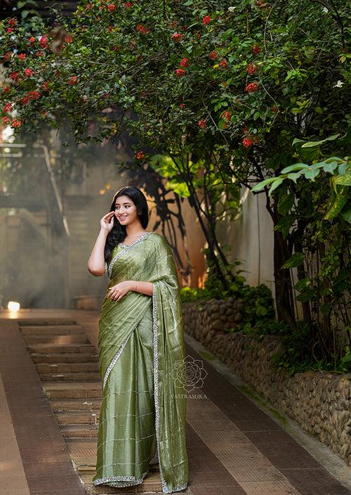 Olive green tissue organza saree