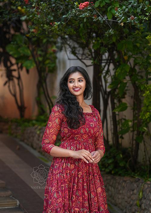 Wine Red Kalamkari Short Dress