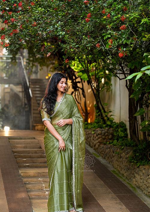 Olive green tissue organza saree