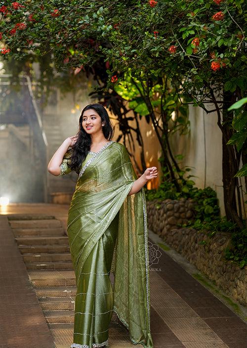 Olive green tissue organza saree