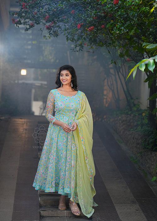 Ice blue floral Anarkali