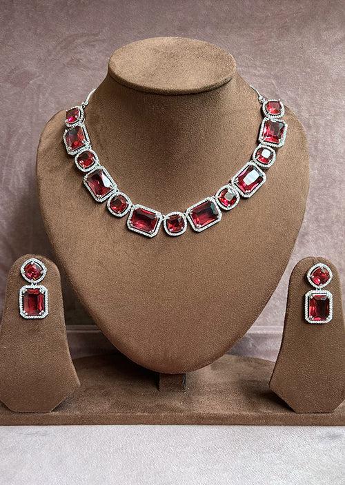 Ad Wine Studded Cz Necklace Set