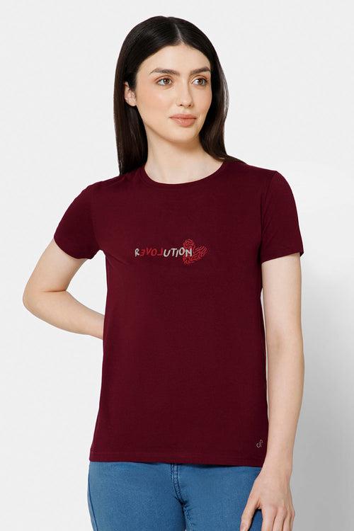 Jusperf Women's Printed Crew Neck Casual T-Shirt - Maroon - TS33