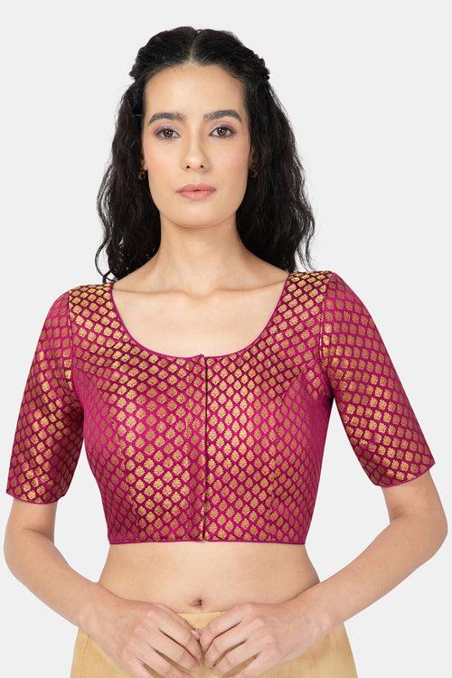 Naidu Hall Ethnic Jacquard Saree Blouse with Round Neck Elbow Sleeves - Magenta