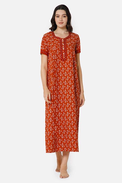 Naidu Hall A-line Front Open Women's Nighty Full Length Half Sleeve  - Orange - R135