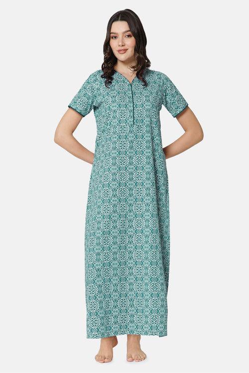 Naidu Hall A-line Front Open Women's Nighty Full Length Half Sleeve  - Green - R119