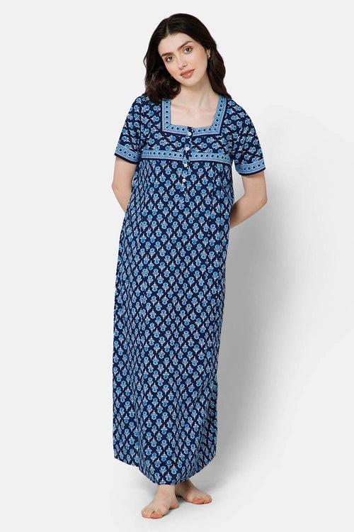 Naidu Hall Pleated Women's Nighty Full Length Half Sleeve  - Navy Blue - R134