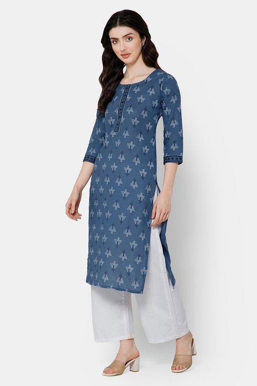 Mythri Women's Casual Kurthi with Patchwork And Minimalistic Embroidery - Blue - E028