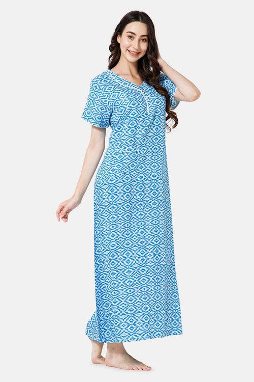 Naidu Hall Cotton Round Neck V Variation Short Sleeve Nighty - Blue - NT46